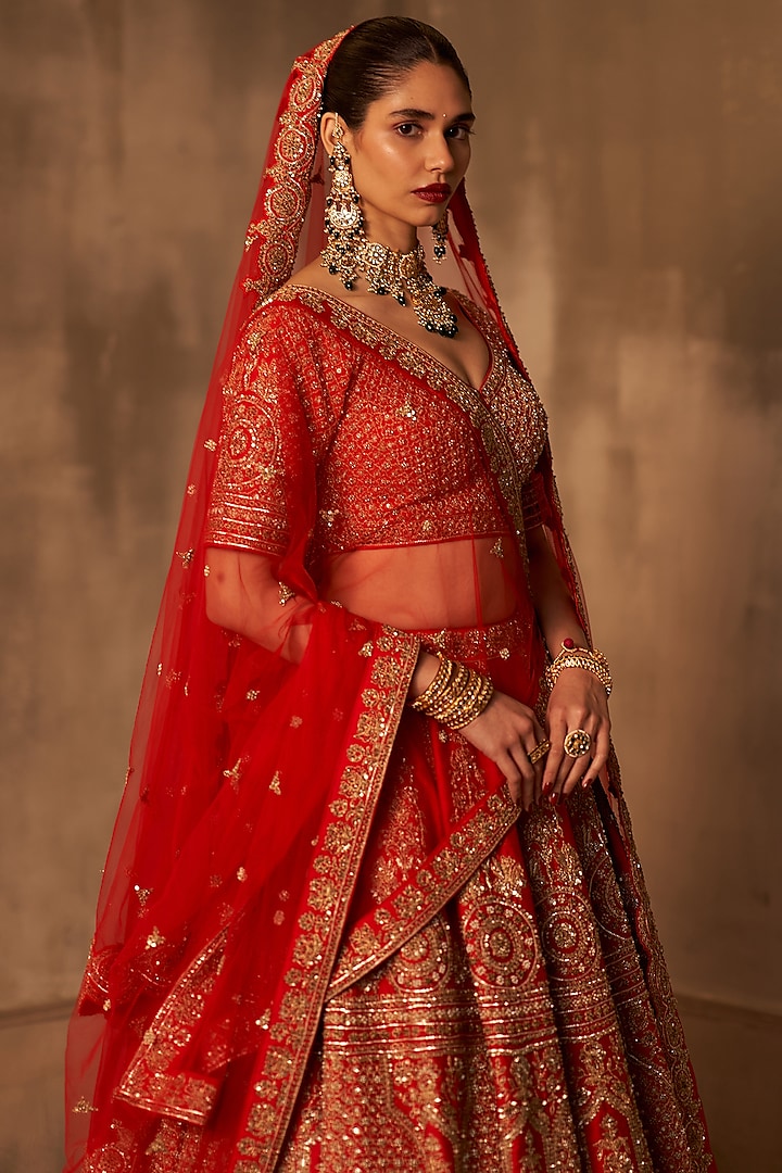 Red Raw Silk Embroidered Bridal Lehenga Set by Angad Singh at Pernia's Pop Up Shop