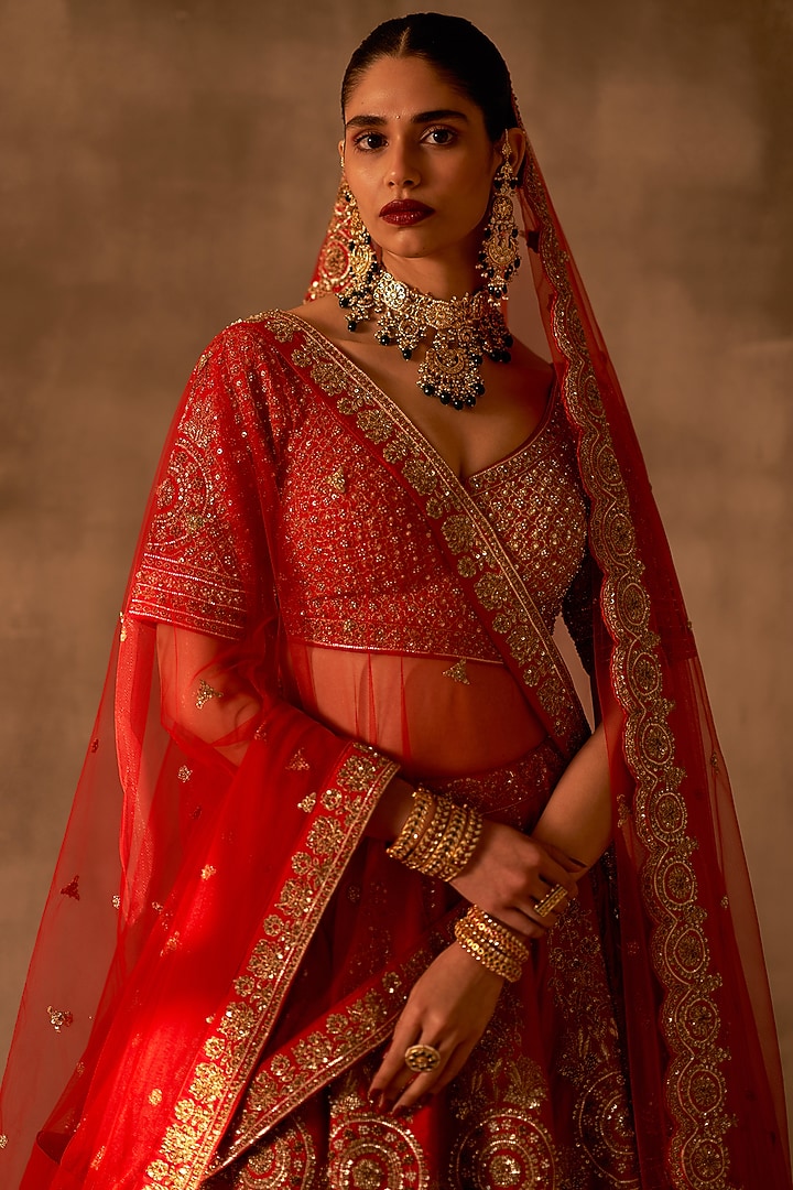 Red Raw Silk Embroidered Bridal Lehenga Set by Angad Singh at Pernia's Pop Up Shop