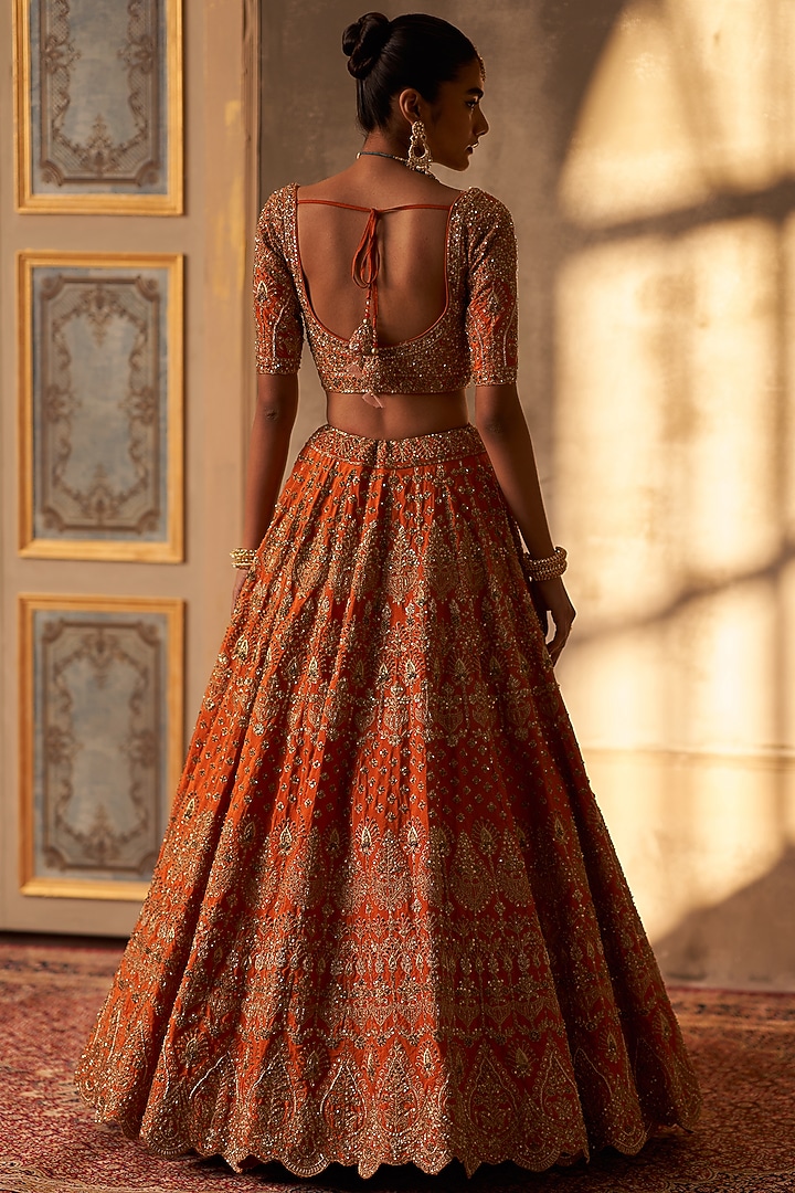 Rust Raw Silk Embroidered Bridal Lehenga Set by Angad Singh at Pernia's Pop Up Shop
