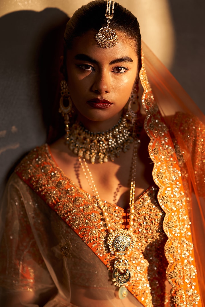 Rust Raw Silk Embroidered Bridal Lehenga Set by Angad Singh at Pernia's Pop Up Shop