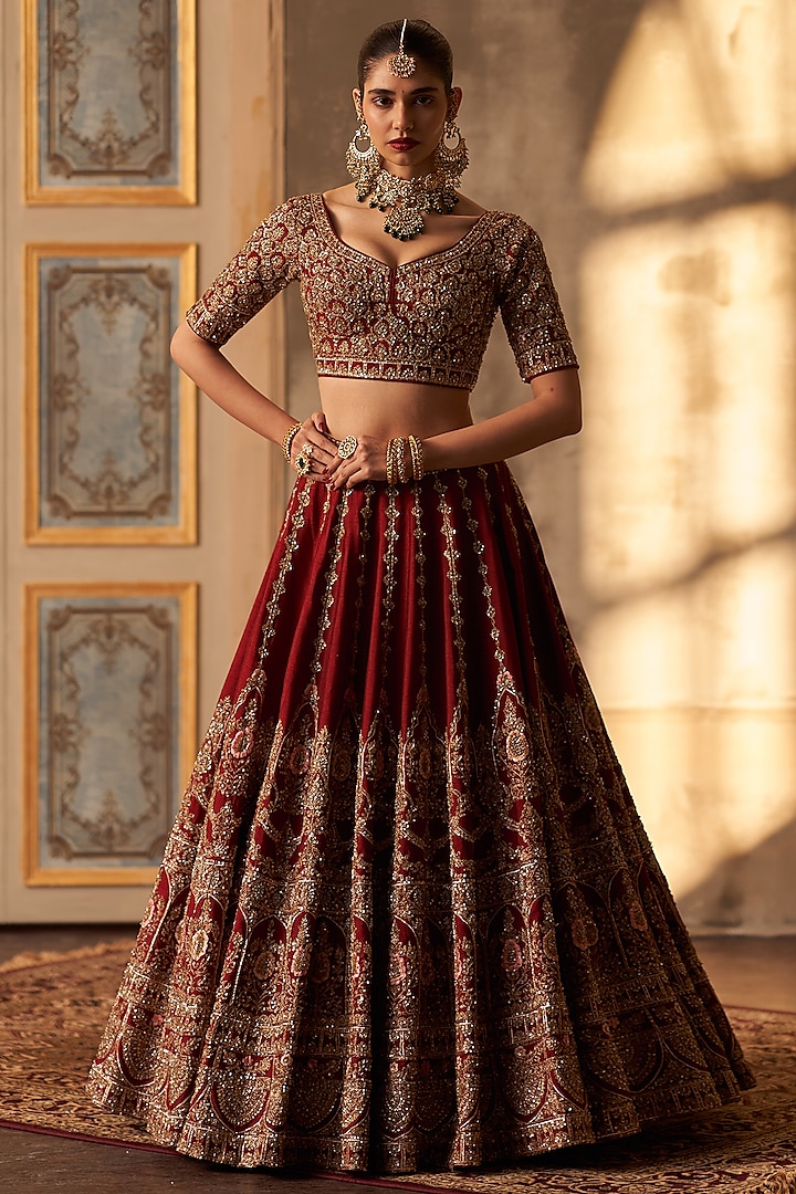 Maroon Raw Silk Embroidered Bridal Lehenga Set by Angad Singh at Pernia's Pop Up Shop