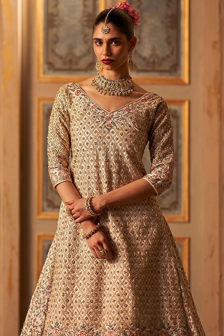 Blush Pink Raw Silk Embroidered Bridal Lehenga Set by Angad Singh at Pernia's Pop Up Shop