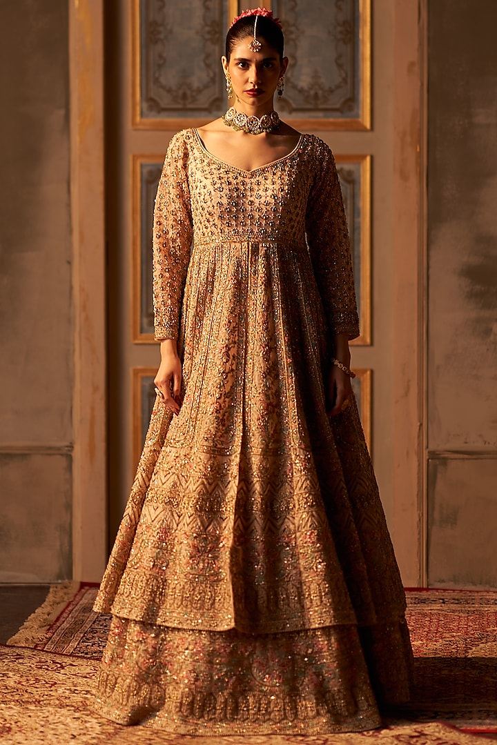 Peach Organza Embroidered Jacket Bridal Lehenga Set by Angad Singh at Pernia's Pop Up Shop