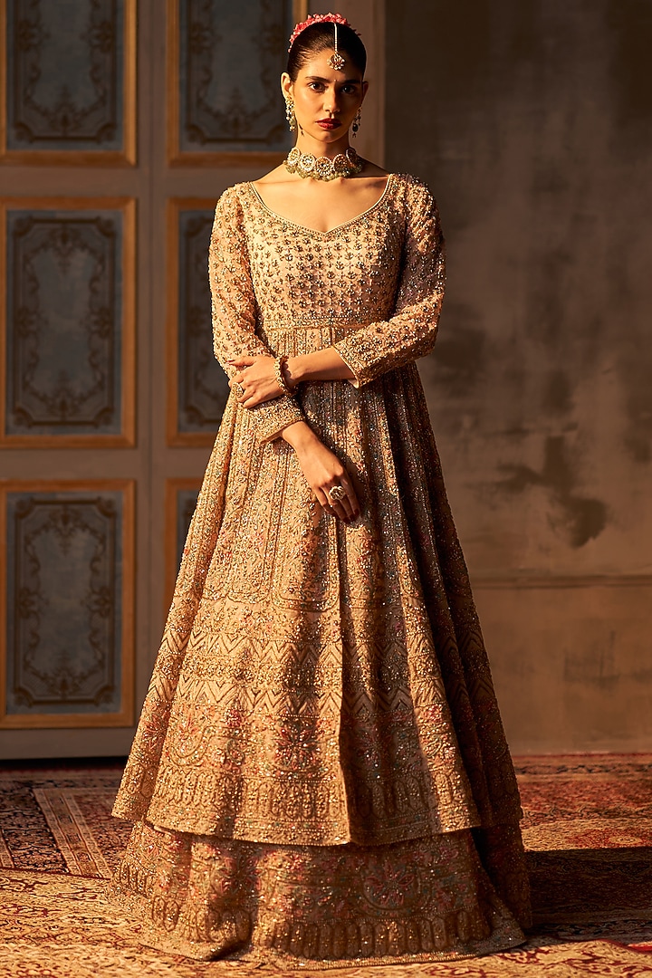 Peach Organza Embroidered Jacket Bridal Lehenga Set by Angad Singh at Pernia's Pop Up Shop