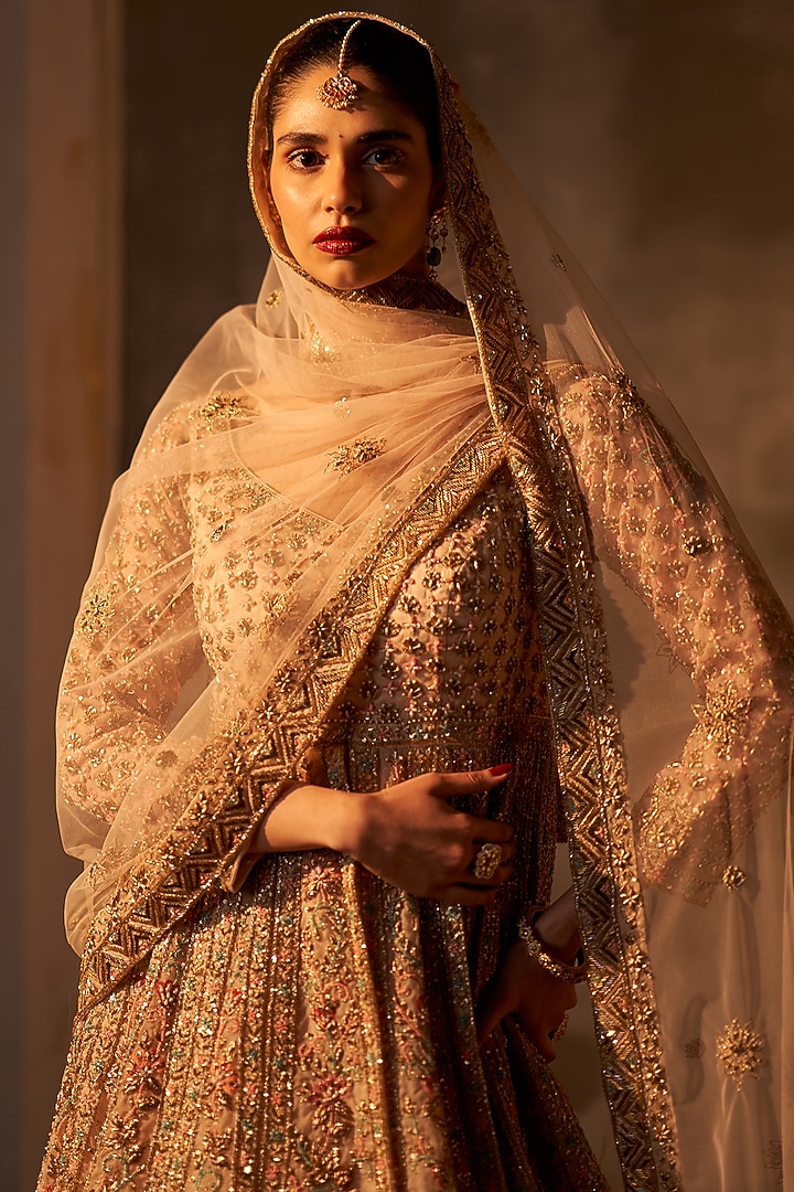Peach Organza Embroidered Jacket Bridal Lehenga Set by Angad Singh at Pernia's Pop Up Shop