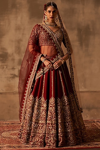 Maroon Raw Silk Embroidered Lehenga Set by Angad Singh