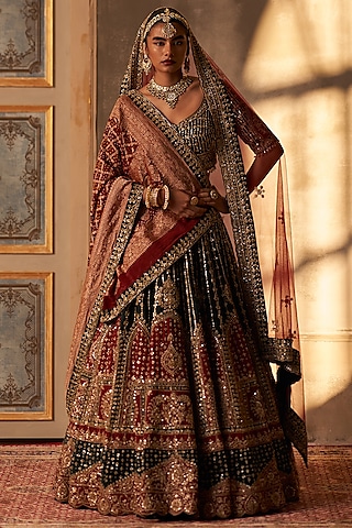 Green Raw Silk Embroidered Lehenga Set by Angad Singh