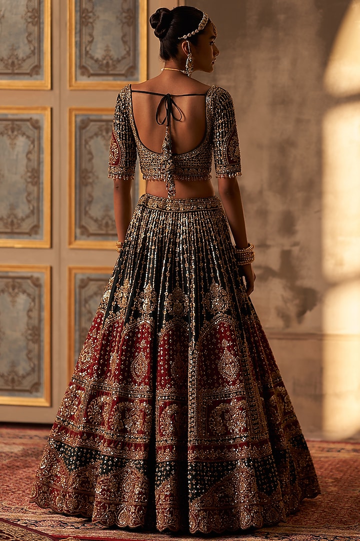 Green Raw Silk Embroidered Bridal Lehenga Set by Angad Singh at Pernia's Pop Up Shop