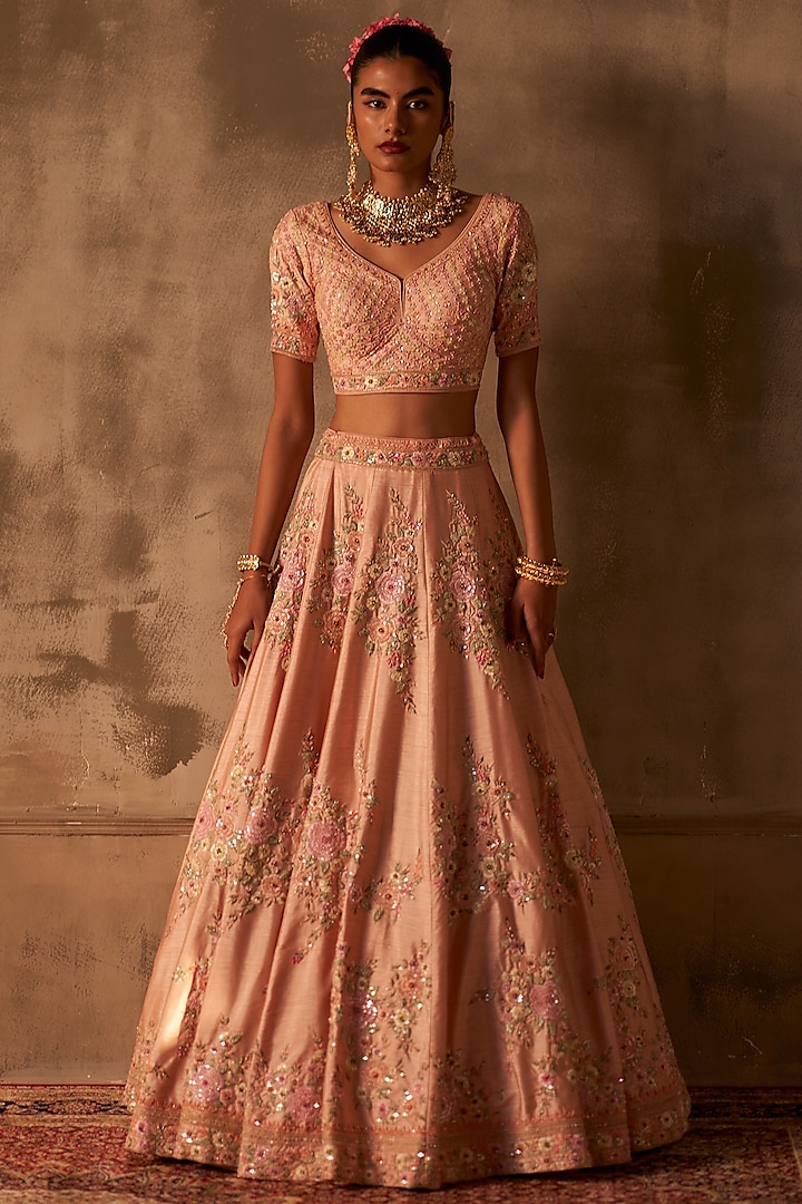 Peach Raw Silk Embroidered Wedding Lehenga Set by Angad Singh at Pernia's Pop Up Shop