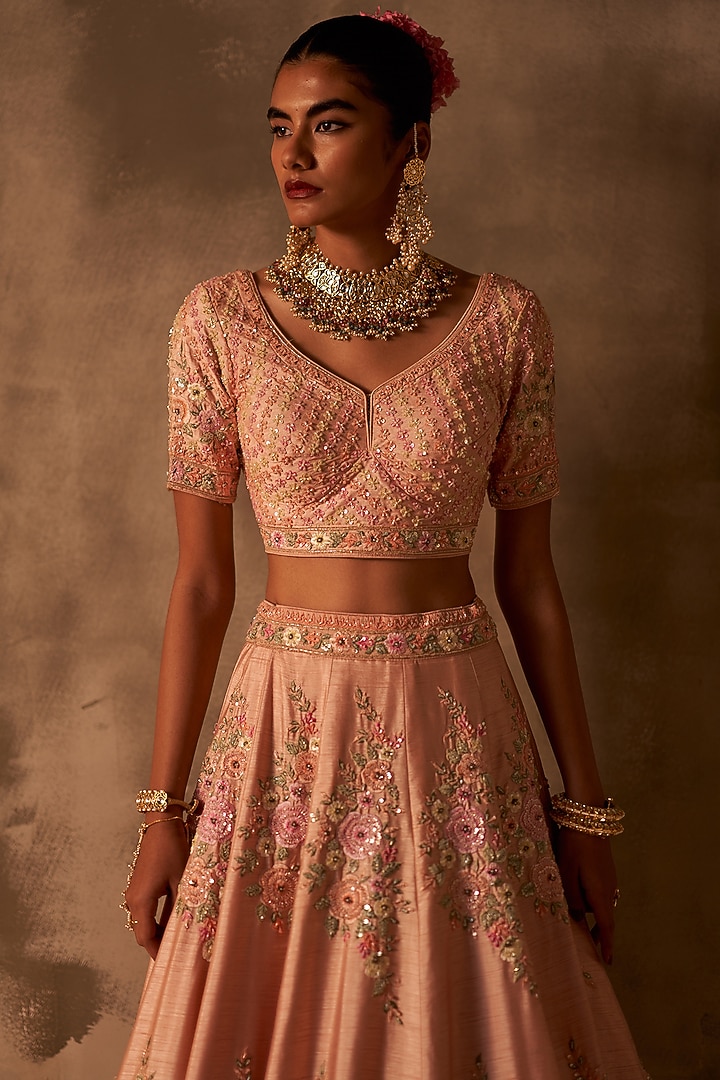 Peach Raw Silk Embroidered Wedding Lehenga Set by Angad Singh at Pernia's Pop Up Shop