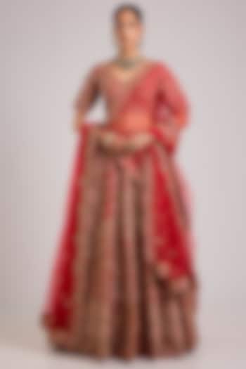 Red Raw Silk Embroidered Bridal Lehenga Set by Angad Singh at Pernia's Pop Up Shop