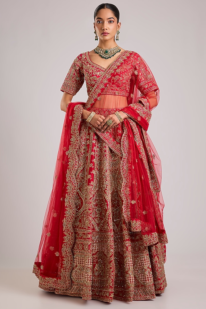 Red Raw Silk Embroidered Bridal Lehenga Set by Angad Singh at Pernia's Pop Up Shop