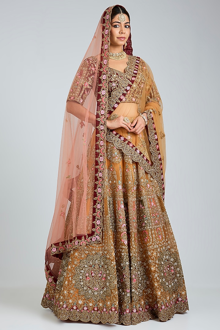 Mustard Organza Embroidered Bridal Lehenga Set by Angad Singh at Pernia's Pop Up Shop