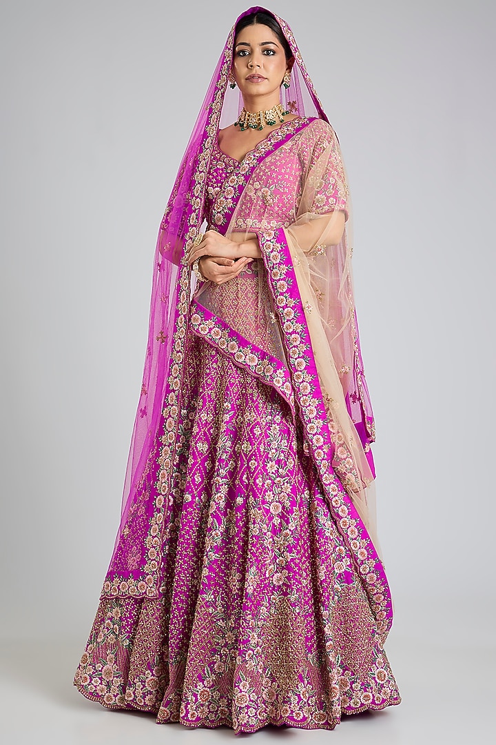 Rani Pink Raw Silk Embroidered Wedding Lehenga Set by Angad Singh at Pernia's Pop Up Shop
