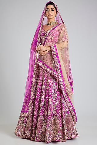 Rani Pink Raw Silk Embroidered Lehenga Set by Angad Singh