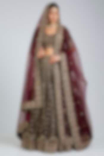 Maroon Velvet Embroidered Bridal Lehenga Set by Angad Singh at Pernia's Pop Up Shop