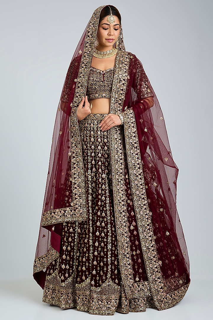 Maroon Velvet Embroidered Bridal Lehenga Set by Angad Singh at Pernia's Pop Up Shop