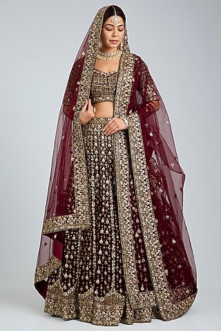 Maroon Velvet Embroidered Lehenga Set by Angad Singh
