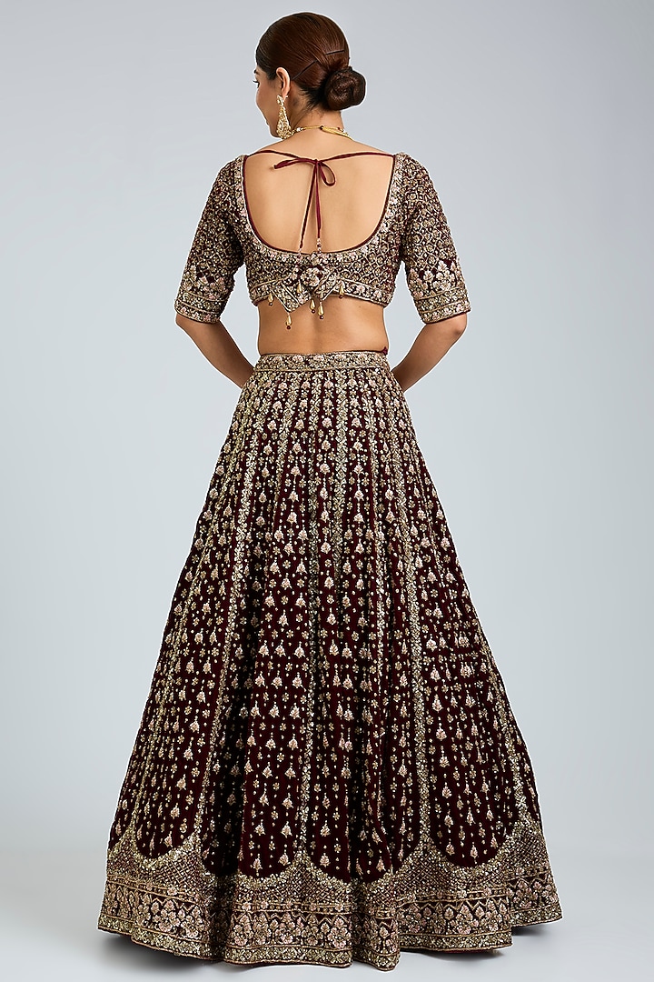 Maroon Velvet Embroidered Bridal Lehenga Set by Angad Singh at Pernia's Pop Up Shop