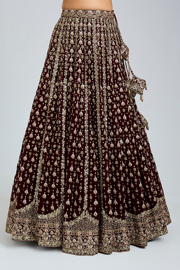 Maroon Velvet Embroidered Bridal Lehenga Set by Angad Singh at Pernia's Pop Up Shop