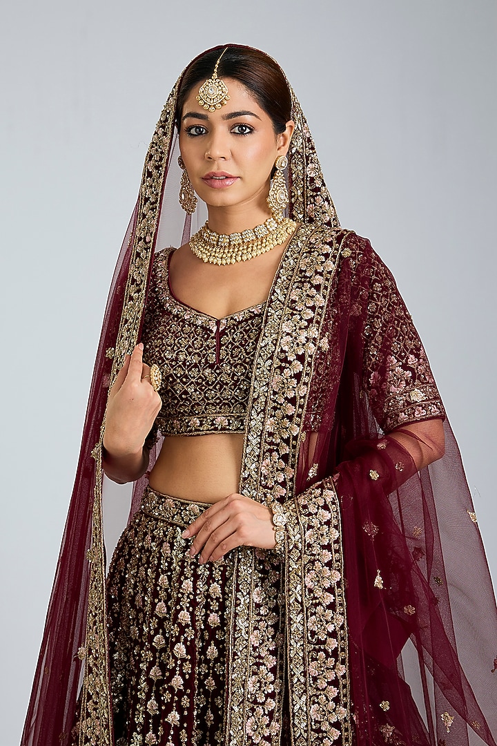 Maroon Velvet Embroidered Bridal Lehenga Set by Angad Singh at Pernia's Pop Up Shop