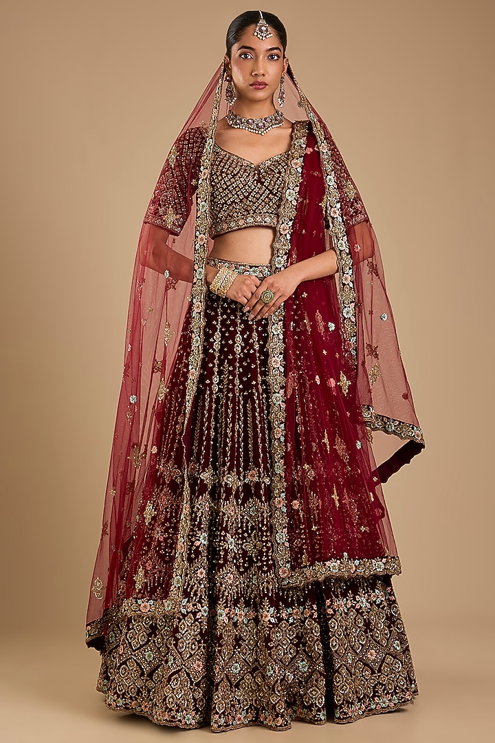Maroon Velvet Embroidered Bridal Lehenga Set by Angad Singh at Pernia's Pop Up Shop