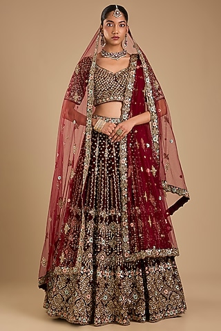 Maroon Velvet Embroidered Lehenga Set by Angad Singh
