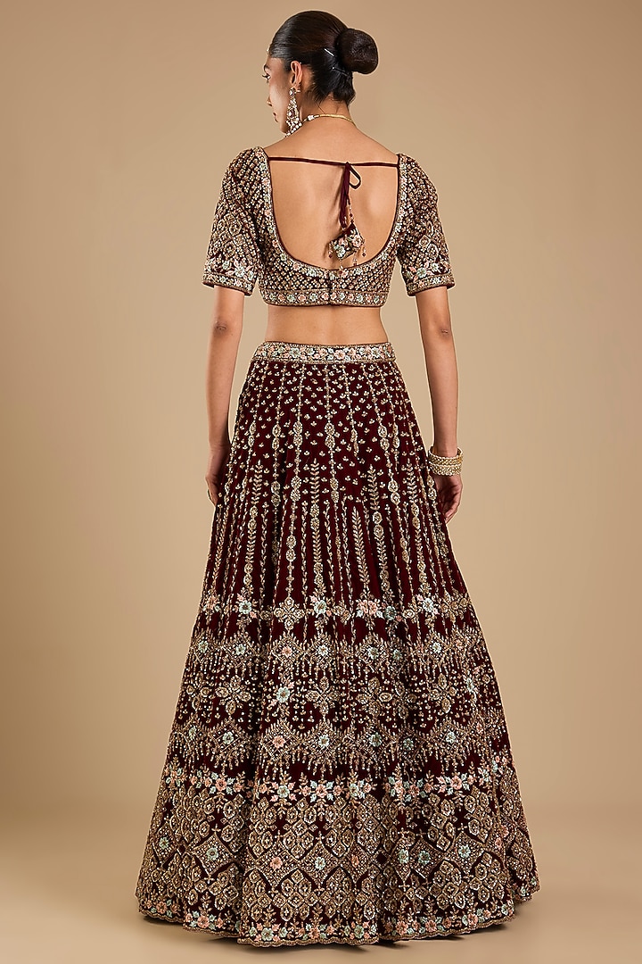 Maroon Velvet Embroidered Bridal Lehenga Set by Angad Singh at Pernia's Pop Up Shop