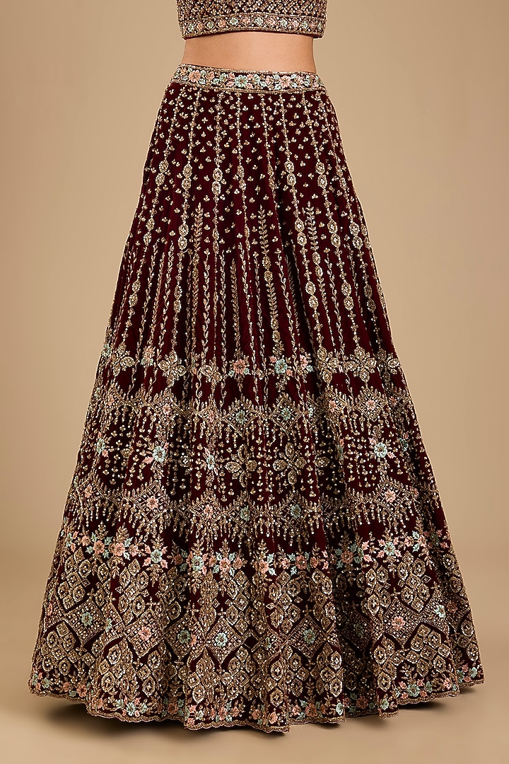 Maroon Velvet Embroidered Bridal Lehenga Set by Angad Singh at Pernia's Pop Up Shop