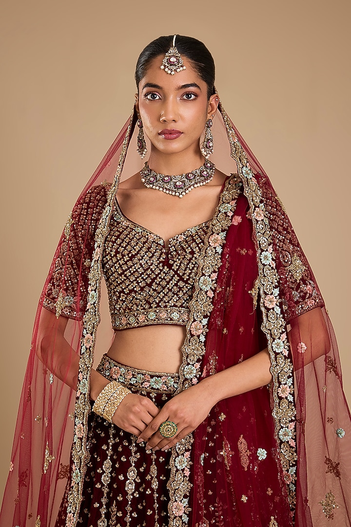 Maroon Velvet Embroidered Bridal Lehenga Set by Angad Singh at Pernia's Pop Up Shop