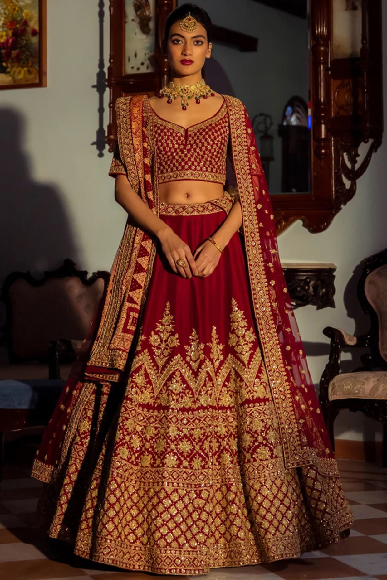Deep Red Raw Silk Zardosi Embellished Wedding Lehenga Set by Angad Singh at Pernia's Pop Up Shop