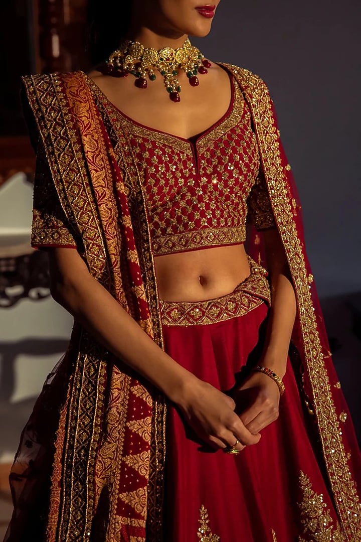 Deep Red Raw Silk Zardosi Embellished Bridal Lehenga Set by Angad Singh at Pernia's Pop Up Shop