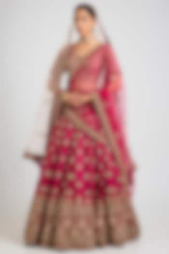 Crimson Raw Silk Zardosi Embroidered Wedding Lehenga Set by Angad Singh at Pernia's Pop Up Shop