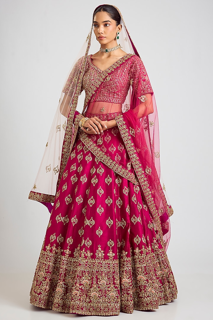 Crimson Raw Silk Zardosi Embroidered Wedding Lehenga Set by Angad Singh at Pernia's Pop Up Shop