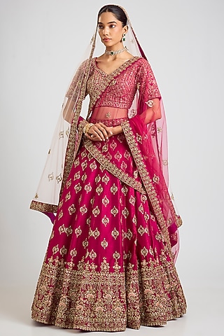 Crimson Raw Silk Zardosi Embroidered Lehenga Set by Angad Singh