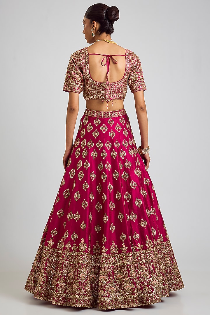 Crimson Raw Silk Zardosi Embroidered Wedding Lehenga Set by Angad Singh at Pernia's Pop Up Shop