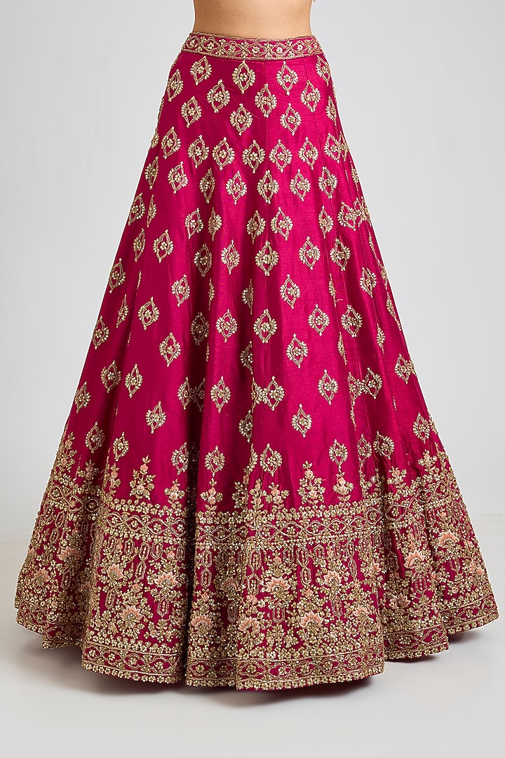 Crimson Raw Silk Zardosi Embroidered Wedding Lehenga Set by Angad Singh at Pernia's Pop Up Shop