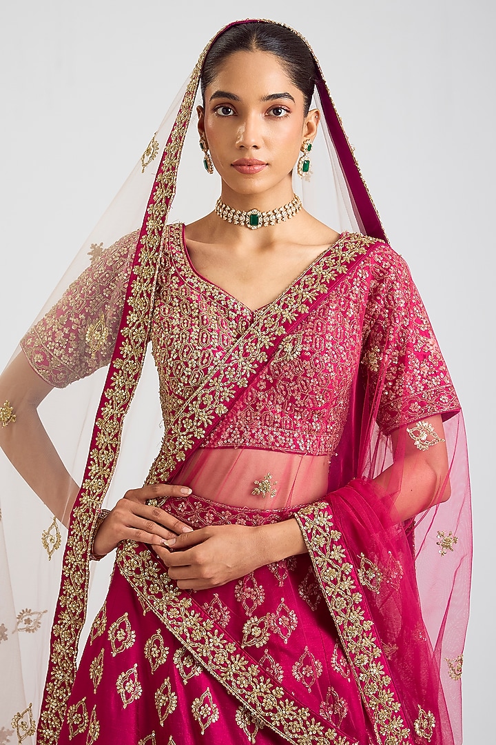 Crimson Raw Silk Zardosi Embroidered Wedding Lehenga Set by Angad Singh at Pernia's Pop Up Shop