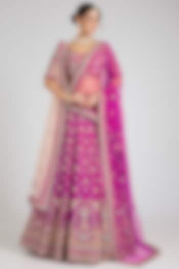 Rani Pink Raw Silk Embroidered Wedding Lehenga Set by Angad Singh at Pernia's Pop Up Shop