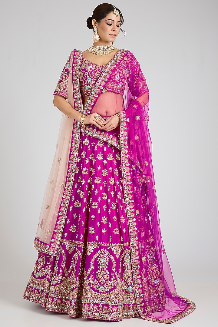 Rani Pink Raw Silk Embroidered Wedding Lehenga Set by Angad Singh at Pernia's Pop Up Shop