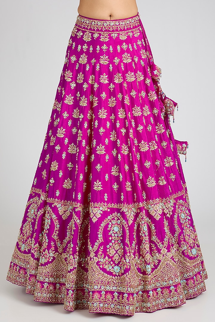 Rani Pink Raw Silk Embroidered Wedding Lehenga Set by Angad Singh at Pernia's Pop Up Shop