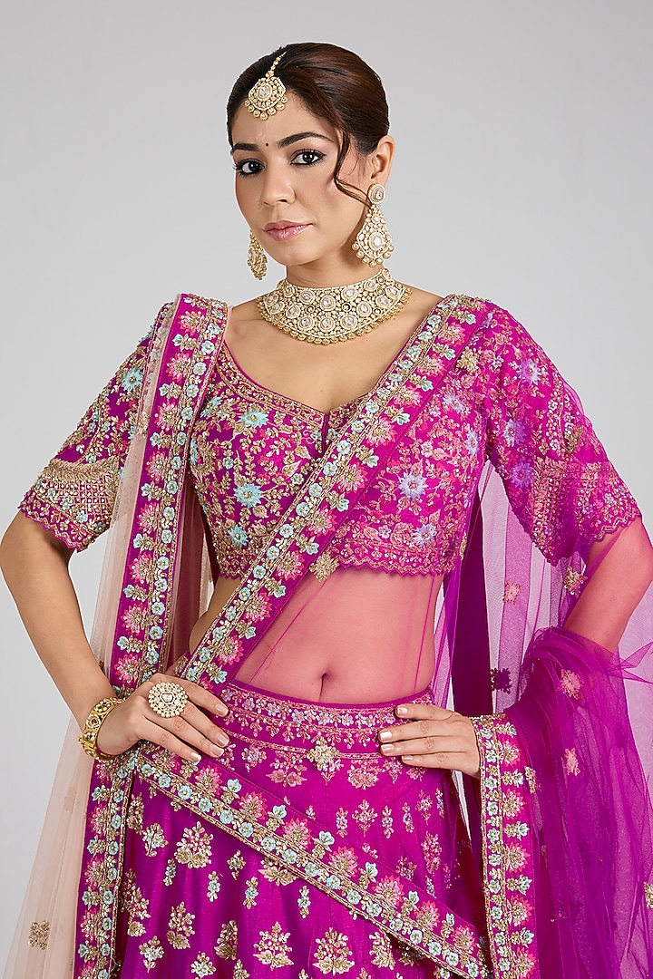 Rani Pink Raw Silk Embroidered Wedding Lehenga Set by Angad Singh at Pernia's Pop Up Shop