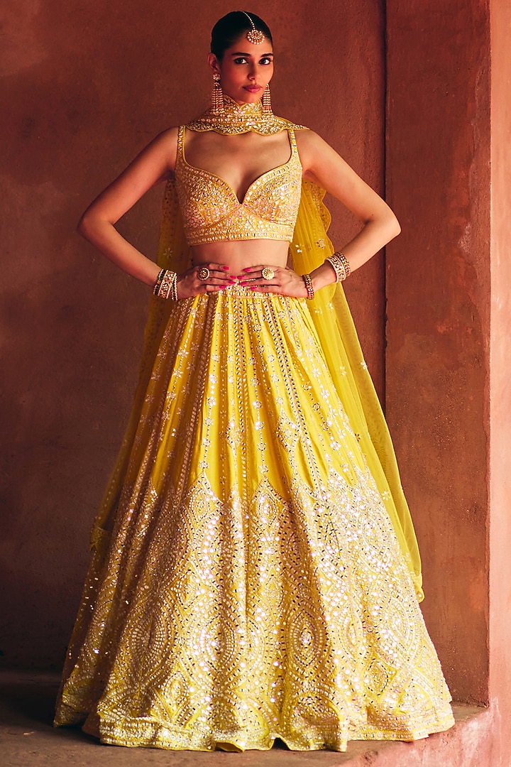 Yellow Raw Silk Thread Embroidered Wedding Lehenga Set by Angad Singh at Pernia's Pop Up Shop