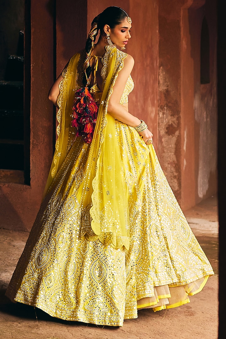 Yellow Raw Silk Thread Embroidered Wedding Lehenga Set by Angad Singh at Pernia's Pop Up Shop