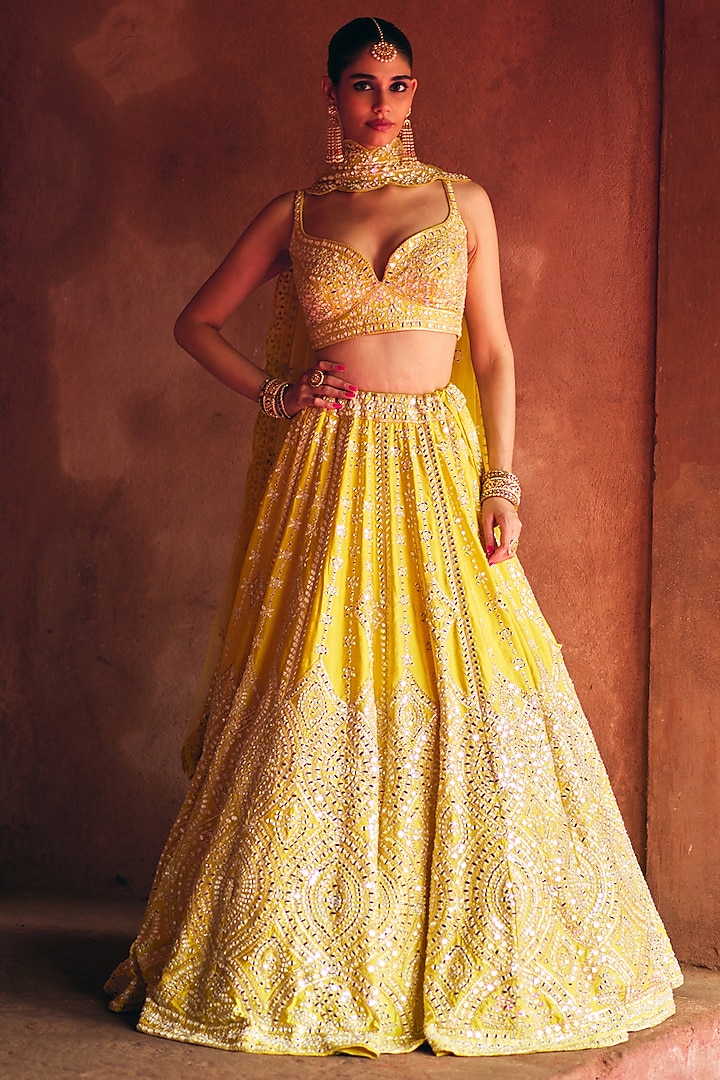 Yellow Raw Silk Thread Embroidered Wedding Lehenga Set by Angad Singh at Pernia's Pop Up Shop