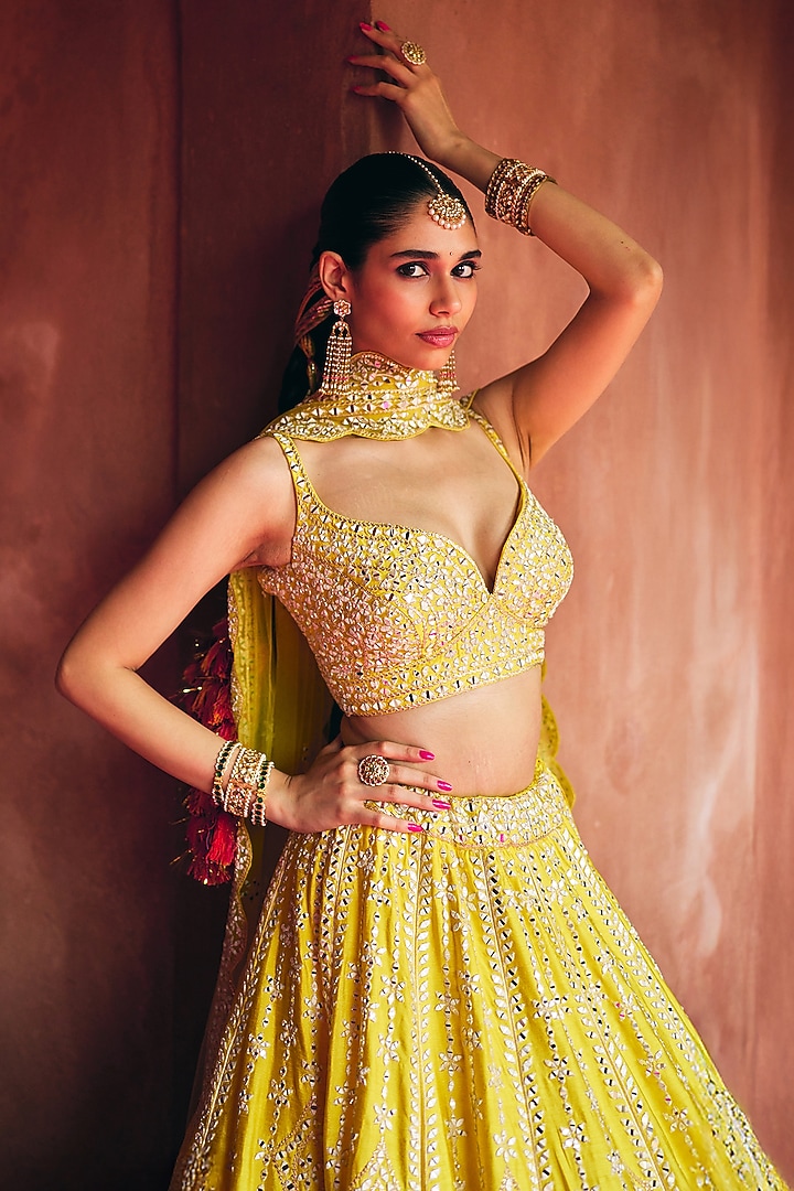 Yellow Raw Silk Thread Embroidered Wedding Lehenga Set by Angad Singh at Pernia's Pop Up Shop