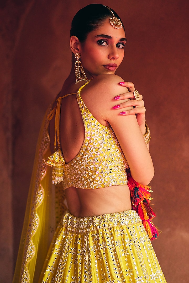 Yellow Raw Silk Thread Embroidered Wedding Lehenga Set by Angad Singh at Pernia's Pop Up Shop