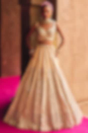 Champagne Gold Raw Silk Mirror Embroidered Wedding Lehenga Set by Angad Singh at Pernia's Pop Up Shop
