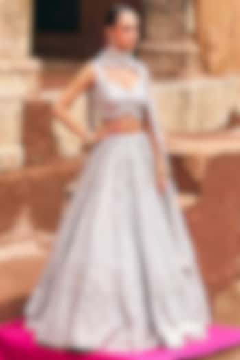 Ice Grey Raw Silk Mirror Embroidered Wedding Lehenga Set by Angad Singh at Pernia's Pop Up Shop