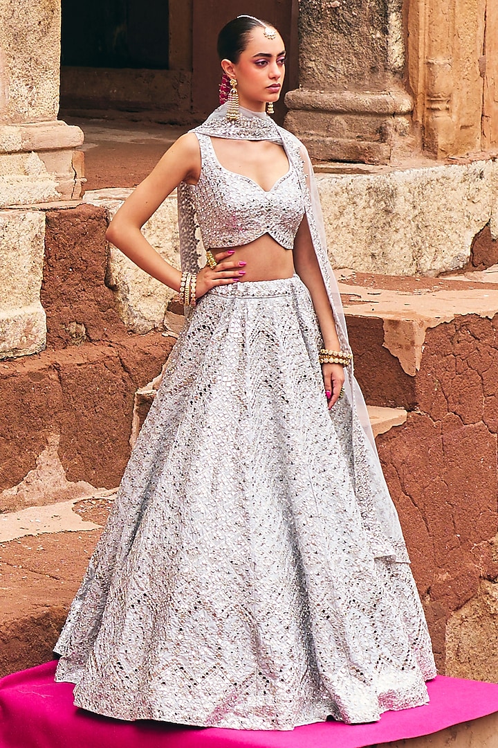 Ice Grey Raw Silk Mirror Embroidered Wedding Lehenga Set by Angad Singh at Pernia's Pop Up Shop